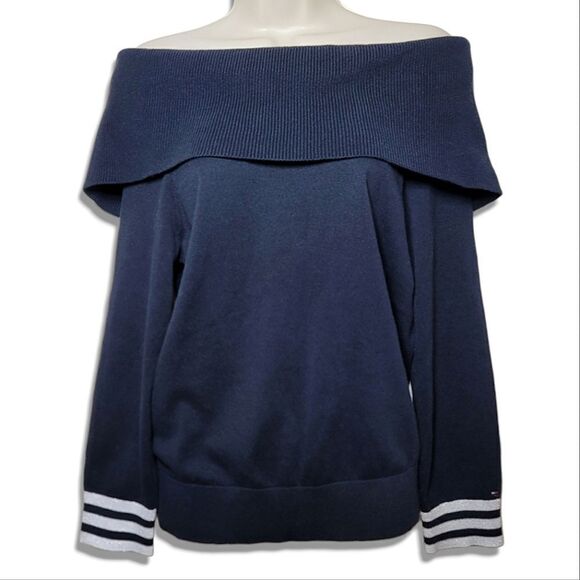 Tommy Hilfiger Sweaters - Tommy Hilfiger Sky Captain Navy Cowl Neck Off-The-Shoulder Ribbed Sweater